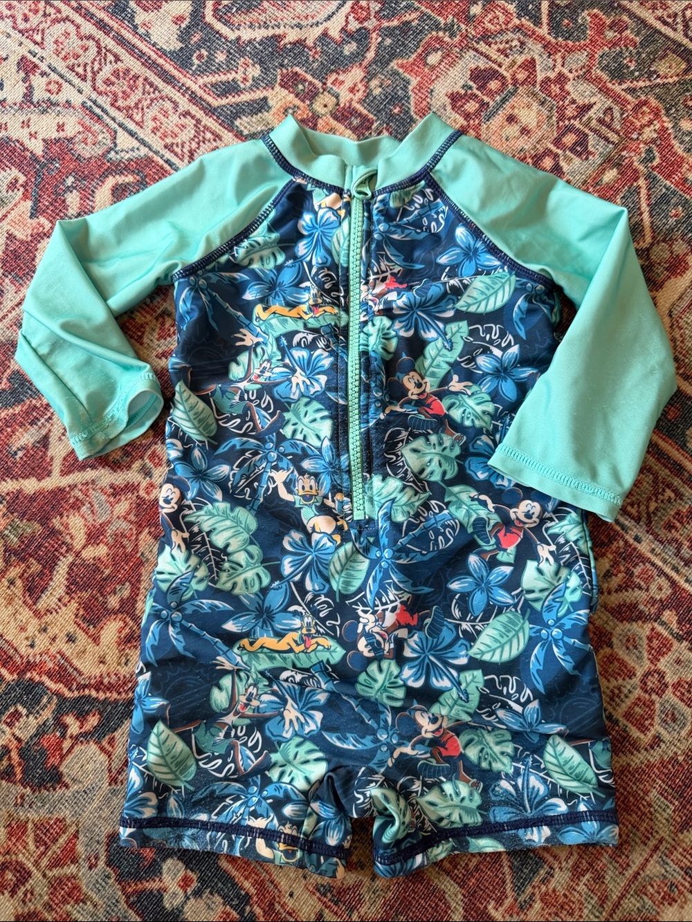 Disney Kids Long Sleeve Rashguard One-Piece Swimsuit - Aqua & Navy Tropical
